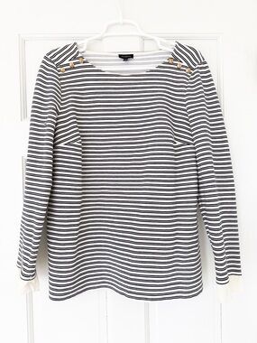 TALBOTS shirt size M white gold black striped longsleeve ruffled cuffs